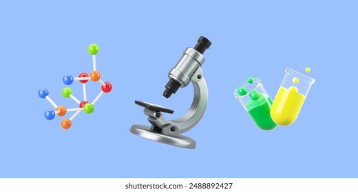 Science and chemistry experiments, molecules, microscope and flasks with colorful liquid. Concept of laboratory, chemistry, science and equipment. 3D rendering illustration