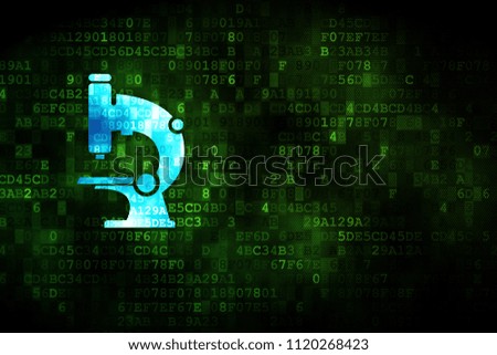 Science concept: pixelated Microscope icon on digital background, empty copyspace for card, text, advertising