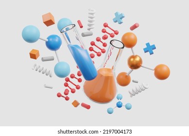 Science elements atomic bottle DNA molecule plat of bacteria, paper and microscope research on background - 3D render illustration - Powered by Shutterstock