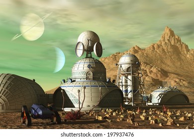 Science Fiction Base On Barren Alien Planet Under Green Sky