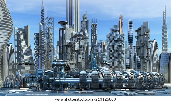 未来的または空想的な建築背景に 金属の高層ビルや建物用の飛行機を持つsf都市の高層ビル のイラスト素材