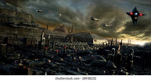 Science Fiction City With Spaceships (3D Render)