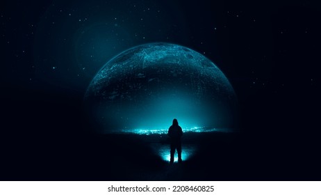 A Science Fiction Concept Of A Man Looking Up At A Glowing Alien Planet In The Night Sky. 