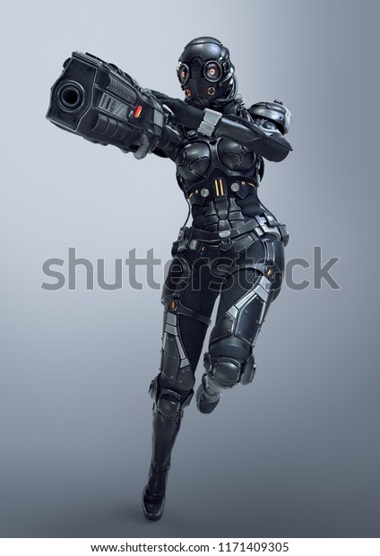 Sfサイボーグの女性ジャンプと銃撃 片手に大きな銃を持つサイボーグ ガール 未来的な黒い鎧の若い女の子 とヘルメット シューター グレイの背景に3dレンダリング のイラスト素材