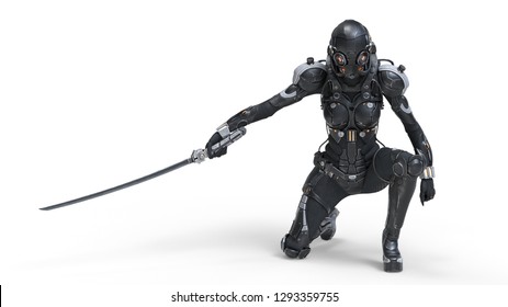 Science fiction cyborg female kneeling on one knee holding a katana in one hand. Sci-fi Cyborg samurai girl. Young Girl in a futuristic black armor suit with a helmet. 3D rendering on white background