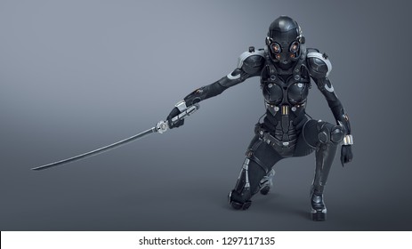 Science fiction cyborg female kneeling on one knee holding a katana in one hand. Sci-fi Cyborg samurai girl. Young Girl in a futuristic black armor suit with a helmet. 3D rendering on gray background.