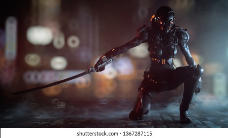 Science fiction cyborg female kneeling on one knee holding a katana in one hand. Sci-fi Cyborg samurai girl. Young Girl in a futuristic black armor suit with a helmet. 3D rendering action scene.