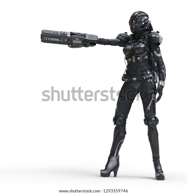 Sfの女性が立ち 銃で撃つサイボーグ 片手に大きな銃を持つサイボーグ ガール 未来 的な黒い鎧の若い女の子とヘルメット シューター 白い背景に3dレンダリング のイラスト素材