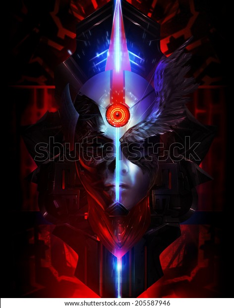 Science\
fiction futuristic angel and devil looking mask portrait\
illustration with neon lights and metal\
shapes.