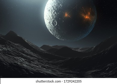 Science Fiction Futuristic Space Landscape, Alien Planet And Cities On Moon, 3d Illustration