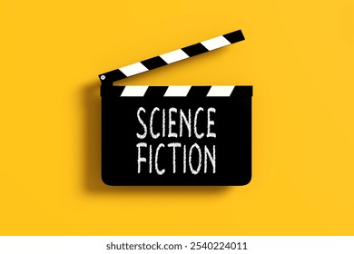 Science fiction genre or category. Black clapperboard with the words science fiction written on it, on a vibrant yellow background. 3D render. - Powered by Shutterstock