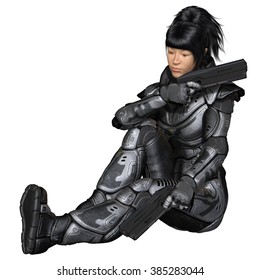 Science Fiction Illustration Of An Asian Female Future Soldier In Protective Armoured Space Suit, Sitting And Holding Two Pistols, 3d Digitally Rendered Illustration 