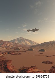 Science Fiction Illustration Of A Convoy Of Future Tanks Crossing The Red Desert Of An Alien Mars Like Planet, Guarded By A Spaceship Overhead, 3d Digitally Rendered Illustration, 3d Rendering