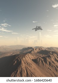 Science fiction illustration of a distant future city on a desolate mountain top emerging from the mist with approaching shuttle craft, 3d digitally rendered illustration, 3d rendering