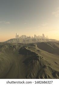 Science fiction illustration of a future city on a desolate mountain top, 3d digitally rendered illustration, 3d rendering