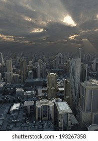 Science Fiction Illustration Of A Future City With Storm Clouds Passing Overhead And Rays Of Sunshine, 3d Digitally Rendered Illustration