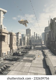 Science Fiction Illustration Of A Future City Street With Aerial Traffic Overhead, 3d Digitally Rendered Illustration