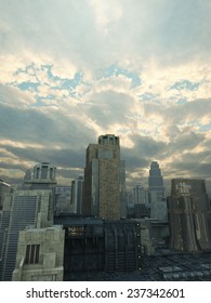 Science Fiction Illustration Of A Future City With Storm Clouds Breaking Up Overhead And Rays Of Sunshine, 3d Digitally Rendered Illustration