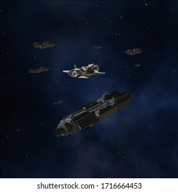 Science fiction illustration of an interstellar convoy in deep space with escort ships, 3d digitally rendered illustration, 3d rendering