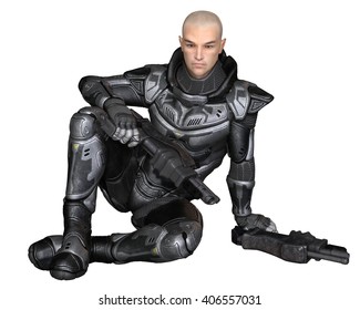 Science Fiction Illustration Of A Male Future Soldier In Protective Armoured Space Suit, Sitting Holding Pistols, Digital Illustration (3d Rendering)