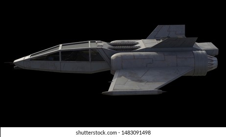 Science fiction illustration of a single seater star fighter spaceship in side view, 3d digitally rendered illustration, 3d rendering