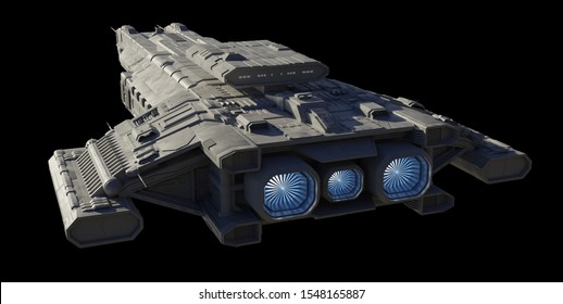 Science fiction illustration of a spaceship carrier vessel with glowing blue engines, isolated on black in rear angled view, 3d digitally rendered illustration, 3d rendering