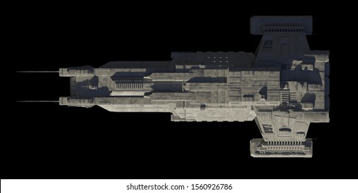 Science fiction illustration of a spaceship carrier vessel, isolated on black in top view with shadows, 3d digitally rendered illustration, 3d rendering