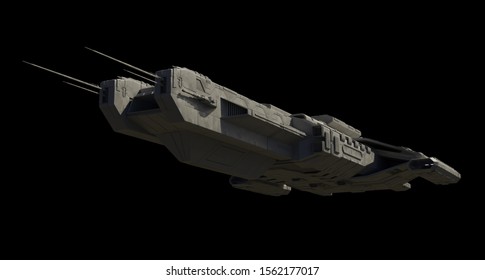 Science fiction illustration of a spaceship carrier vessel, isolated on black in underside view with shadows, 3d digitally rendered illustration, 3d rendering