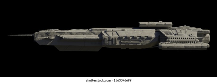 Science fiction illustration of a spaceship carrier vessel, isolated on black in left side view with shadows, 3d digitally rendered illustration, 3d rendering