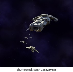 Science fiction illustration of a spaceship carrier vessel deploying single seater fighter craft, 3d digitally rendered illustration, 3d rendering