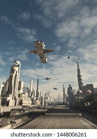 Science fiction illustration of spaceship traffic flying above the streets of a future city, 3d digitally rendered illustration, 3d rendering
