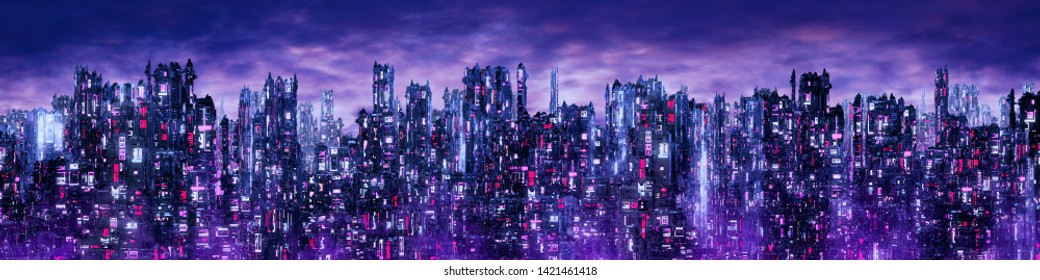 Science fiction neon city night panorama / 3D illustration of dark futuristic sci-fi city lit with blight neon lights