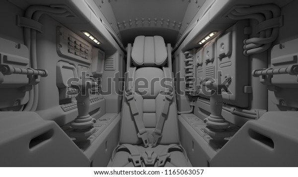 コックピットのsfパイロットの席 未来的な宇宙船コックピット 安全ベルトとパイロットシート Sf宇宙戦闘機の操縦室 機械操縦士の席 3d Clayレンダリング モノクロ のイラスト素材