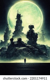 Science Fiction Poster Design, Silhouette Of A Person In Front Of Massive Futuristic Ruins, Digital Illustration