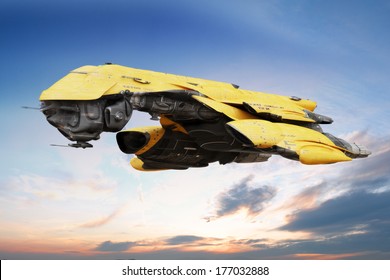 Science fiction scene of a futuristic ship flying through the atmosphere, 3d digitally rendered illustration 