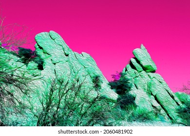 A Science Fiction Scene Graphic Design Illustration Pink And Green Retro Vintage Rock Formation Planet Scifi 