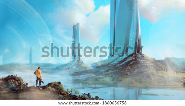 A science fiction scene of a man looking at technlogically advanced building, under an open blue sky.