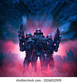 Science fiction soldiers - 3D illustration of military robots in futuristic city with giant space ship in the sky above