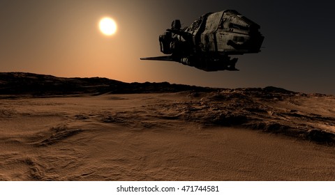 Science Fiction Space Exploration Landscape With Space Craft 3D Rendering