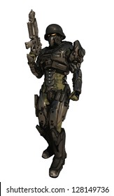 Science Fiction Space Marine Commando Wearing Metallic Armour Isolated On White, 3d Digitally Rendered Illustration