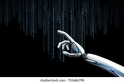 science, future technology and progress concept - robot hand with binary code over black background