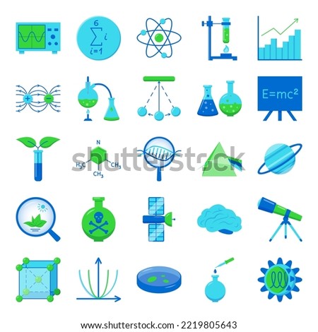 Science icon set in flat style. Scientific elements collection.
