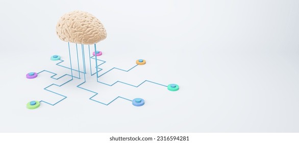 Science and innovative technologies concept with human brain layout connected to sensors for computer testing on blank white background for advertising poster or logo. 3D rendering, mockup