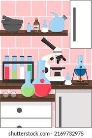 Science Lab Poster Template. Chemistry Laboratory Interior With Microscope, Flasks, Beakers And Burner On Shelves. Equipment And Glassware For Laboratory Experiment, Flat Style Illustration.