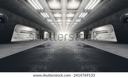 Science lab or sci-fi corridor. Science elements and innovation background. 3D Render.