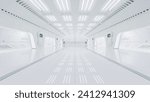 Science lab or sci-fi corridor white color. Science elements and innovation background. 3D Render.