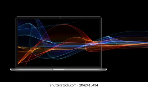 Science network pattern, connecting lines, Big Data Visualizatio. computer laptop with big data digital design flames. Business and technology concept. 3d illustration