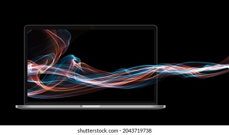 Science network pattern, connecting lines, Big Data Visualizatio. computer laptop with big data digital design flames. Business and technology concept. 3d illustration