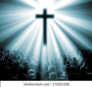 Science and religion. Christian religion. Illustration with cross of christ and believers