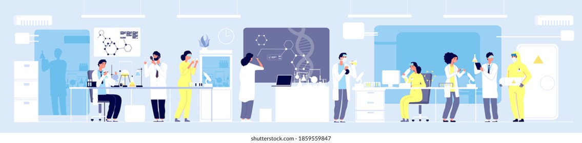 Science Researching Lab. Professional Scientists Chemical Researchers Working With Lab Equipment. Molecular Engineering Concept